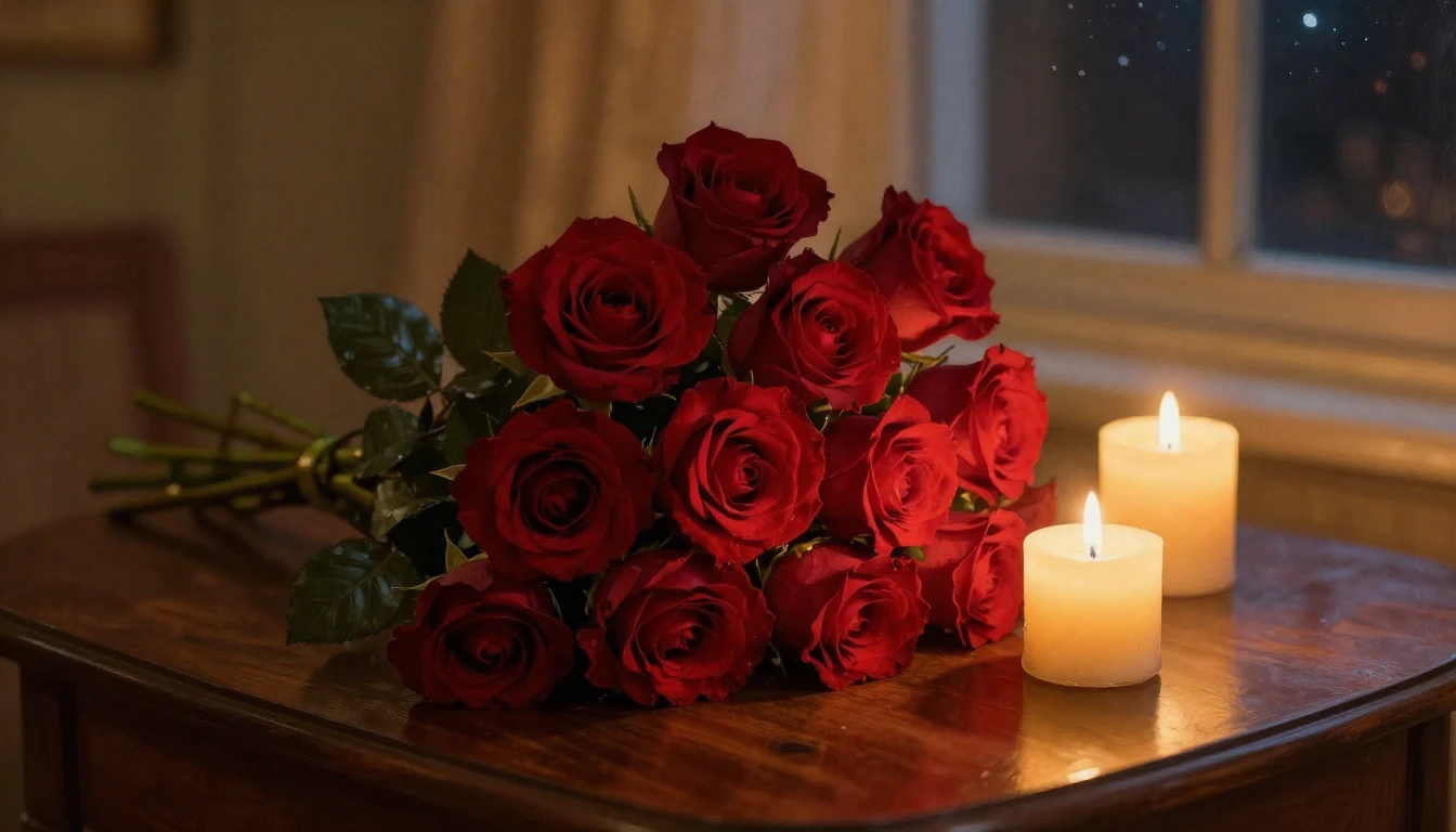 A lush bouquet of deep red roses sitting on a polished mahog...