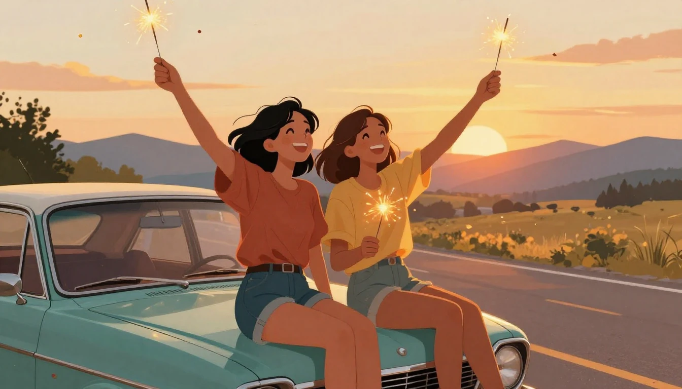 A nostalgic and warm illustration of two best friends sittin...