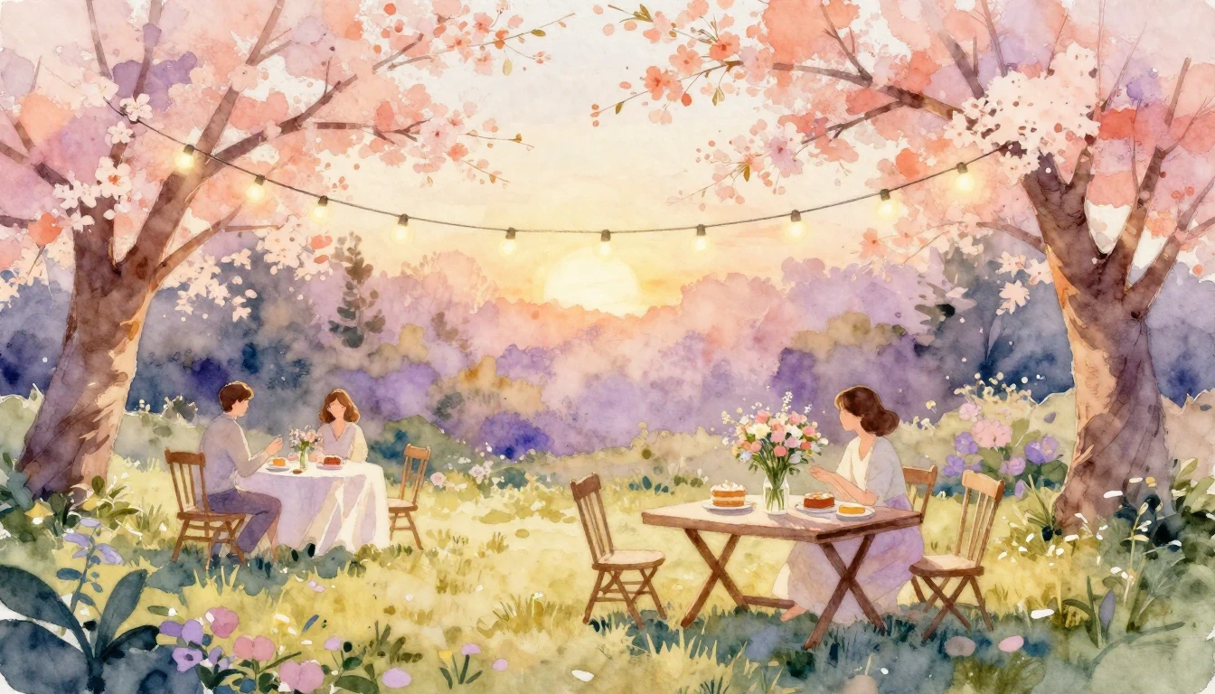 A beautiful watercolor painting of a cozy outdoor garden par...