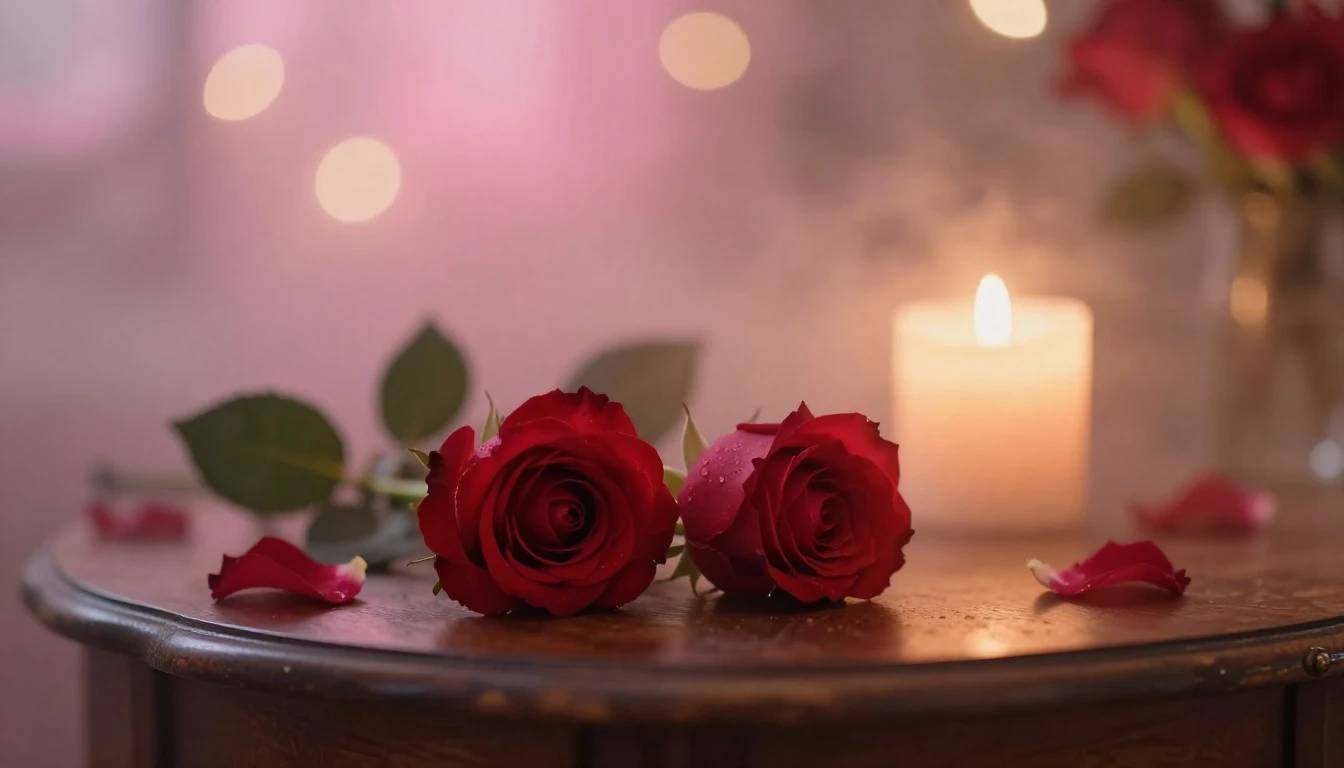 A dreamy and ethereal scene featuring two delicate red roses...