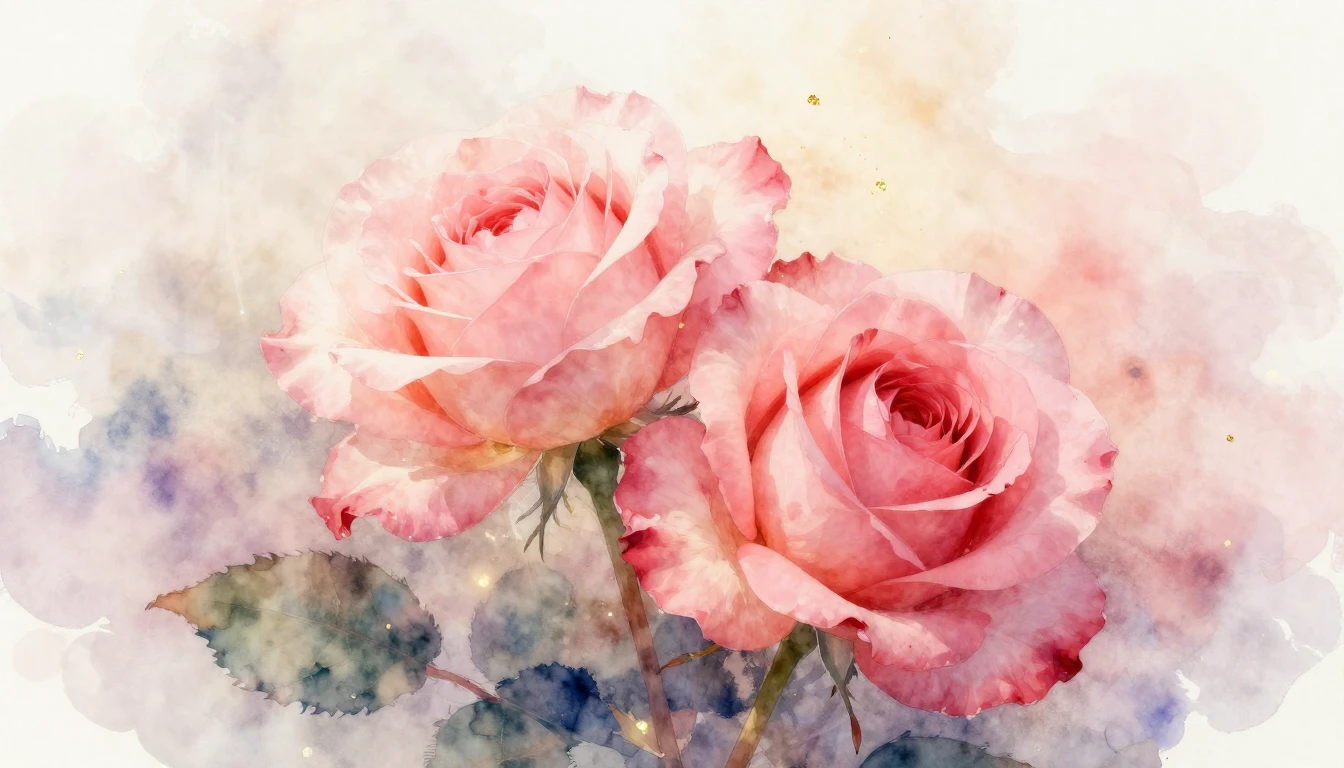 A delicate watercolor painting of two blooming roses intertw...