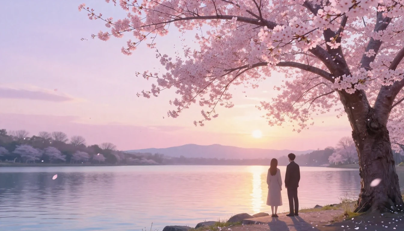 A dreamy and ethereal scene of two silhouettes standing unde...