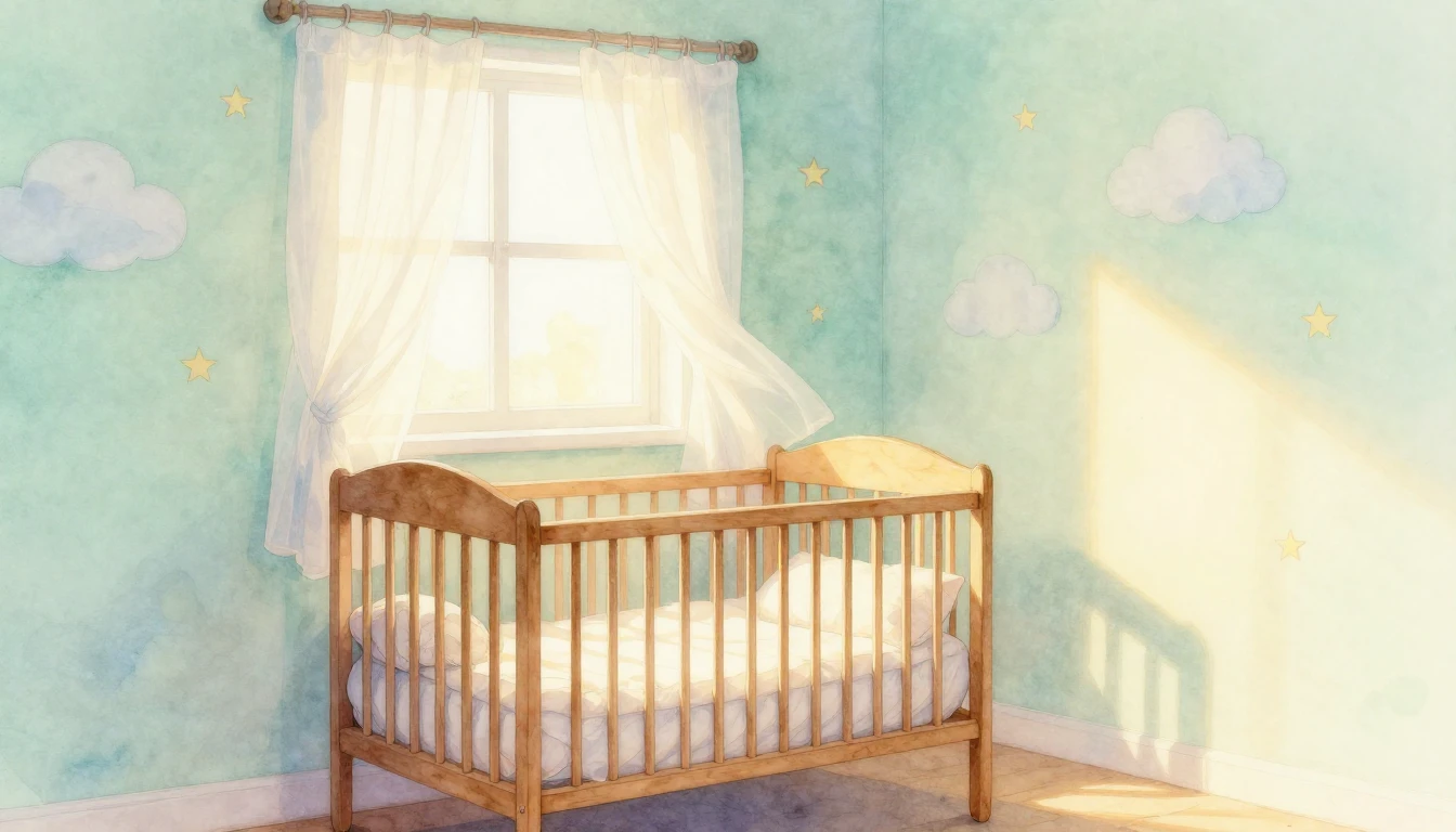 A soft watercolor painting of a cozy nursery bathed in warm,...