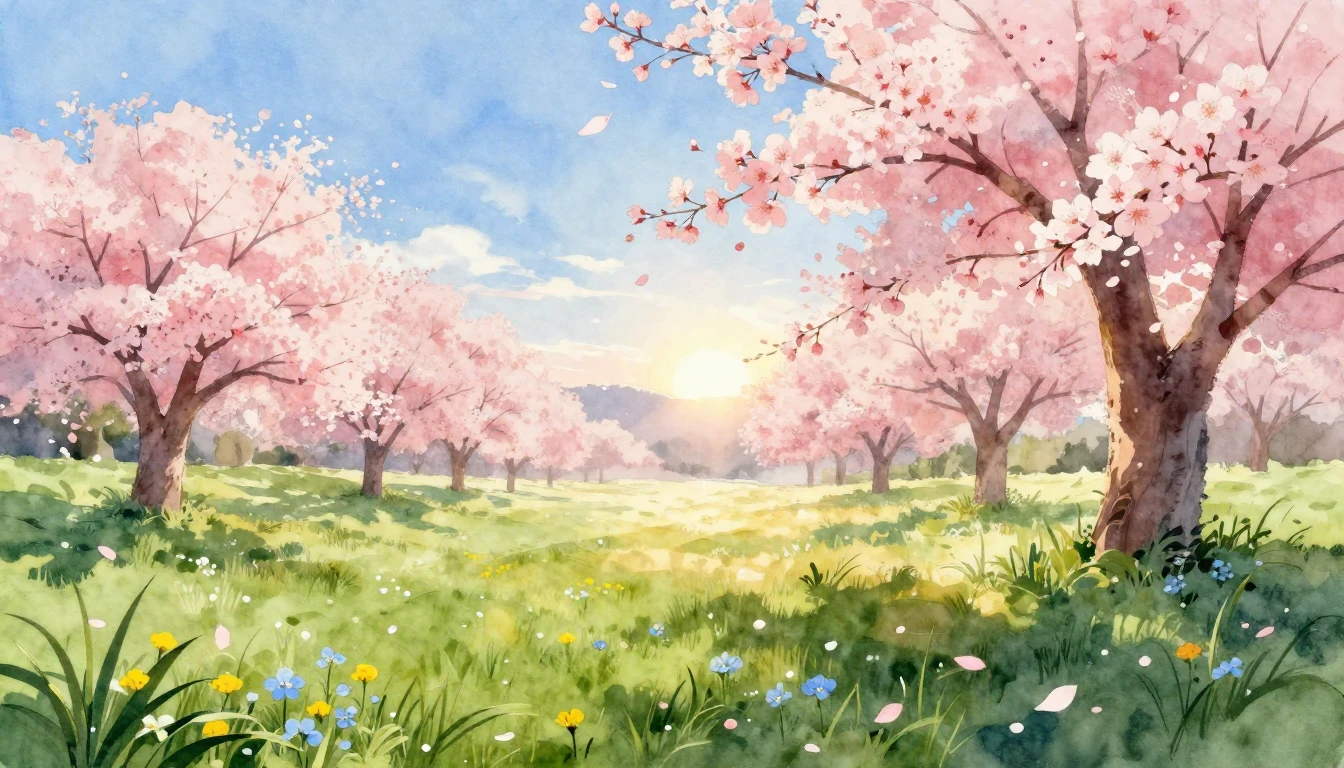 A beautiful watercolor painting of a lush green meadow at su...