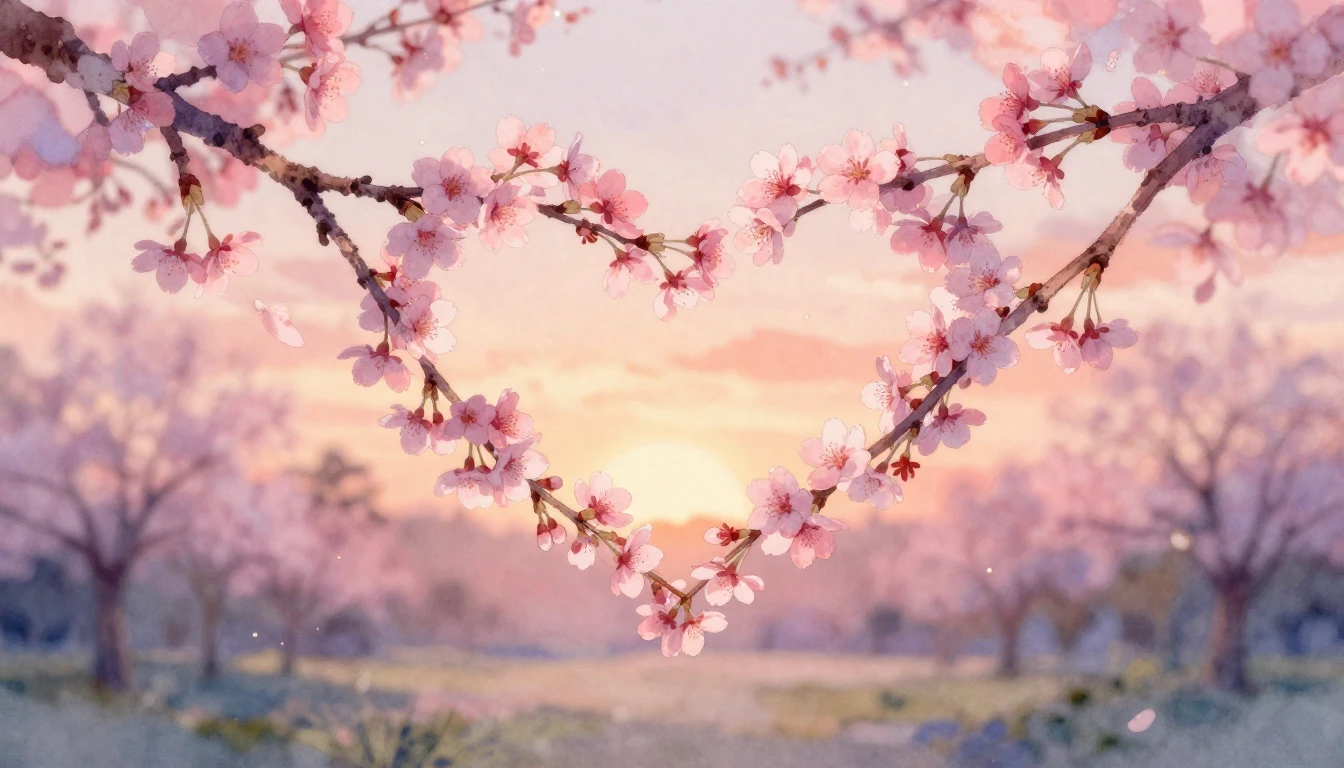 A delicate watercolor painting of two intertwined cherry blo...