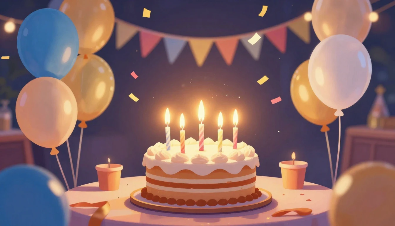 A vibrant and festive birthday celebration scene designed in...