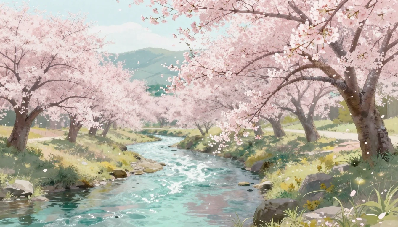A serene landscape featuring a cherry blossom tree in full b...