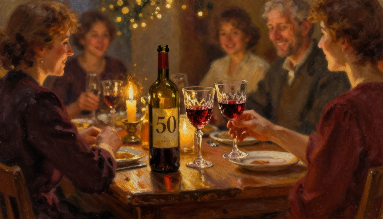 A warm, textured oil painting depicting a festive 50th birth...