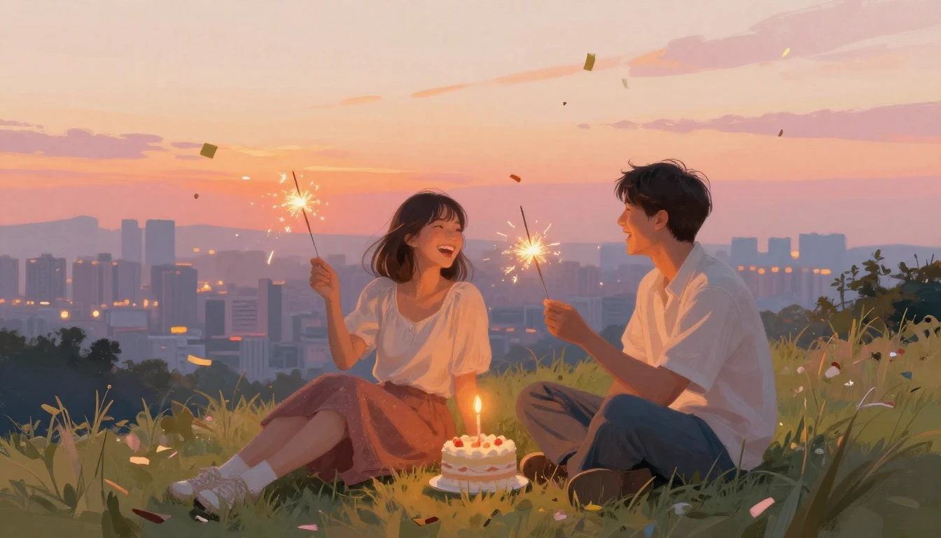 Two best friends sitting side by side on a grassy hill overl...