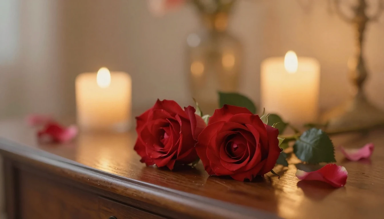 A delicate and ethereal scene featuring two intertwined red ...