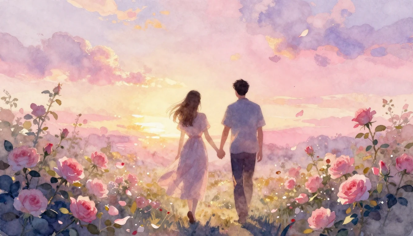A dreamlike watercolor painting of two silhouettes walking h...
