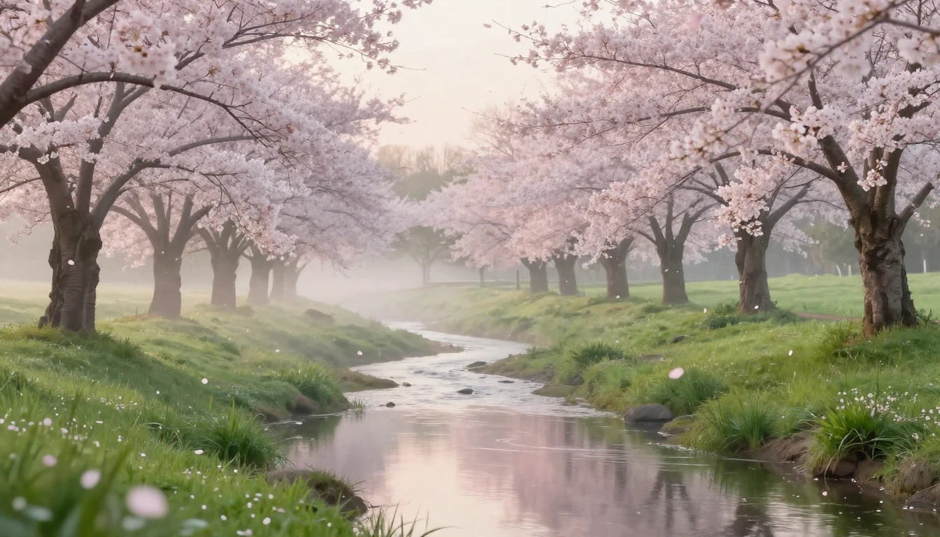 A serene landscape at dawn during the first days of spring. ...