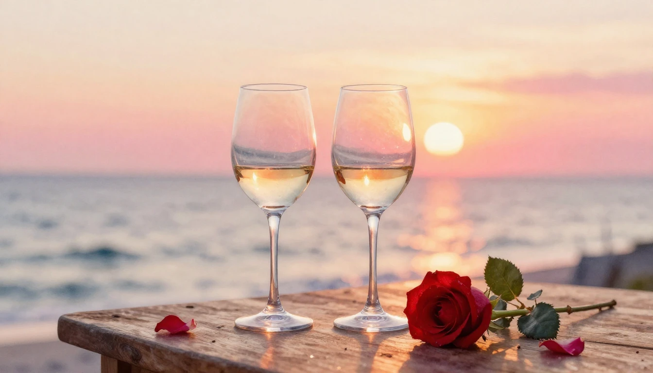 A dreamy watercolor painting of two elegant wine glasses sit...