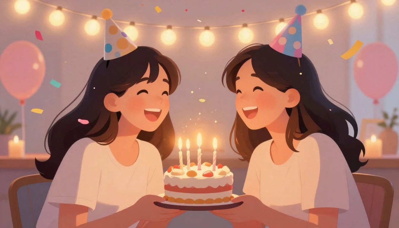 A heartwarming illustration of a birthday celebration. Two b...