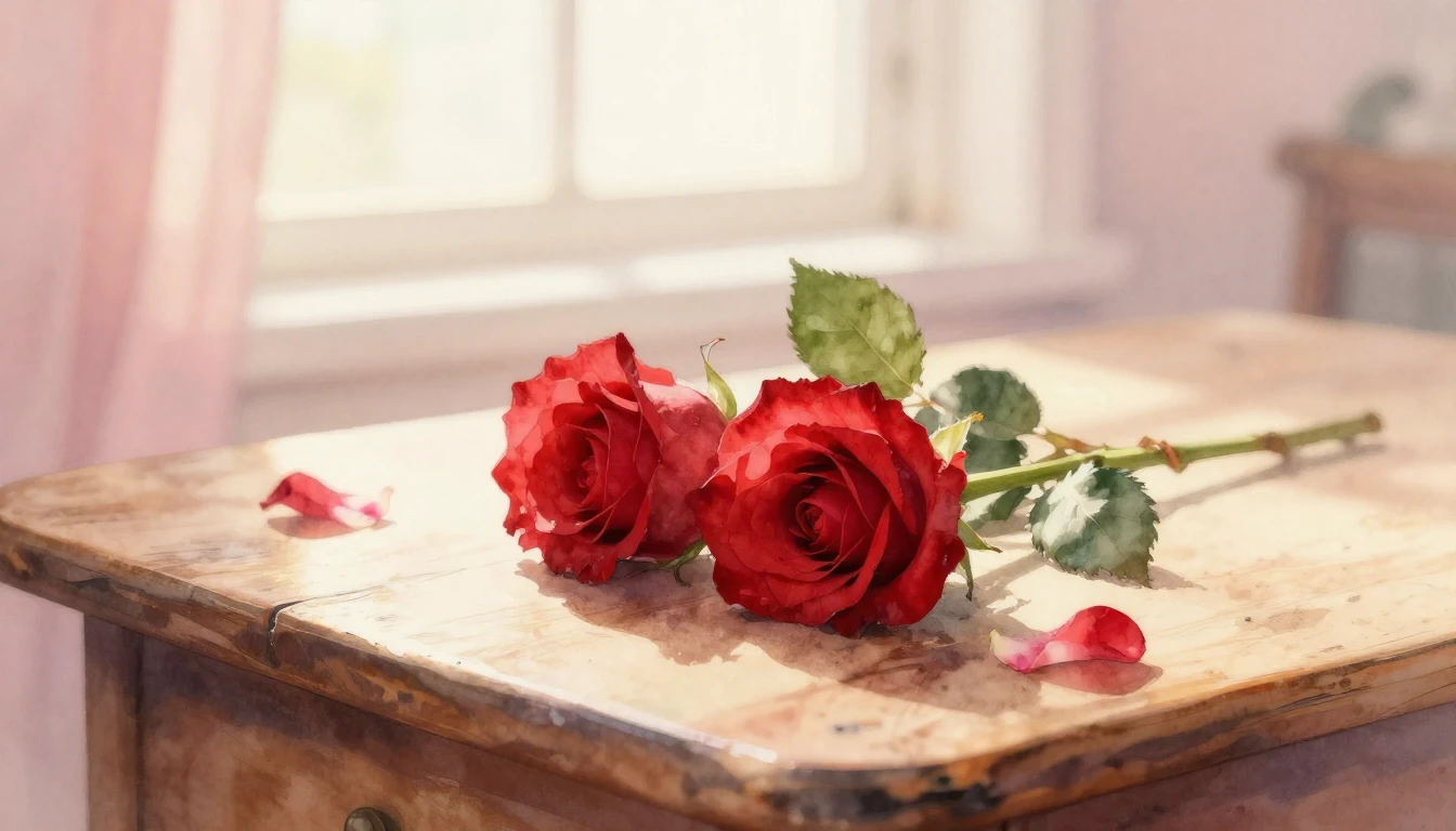 A beautiful watercolor painting of two intertwined red roses...