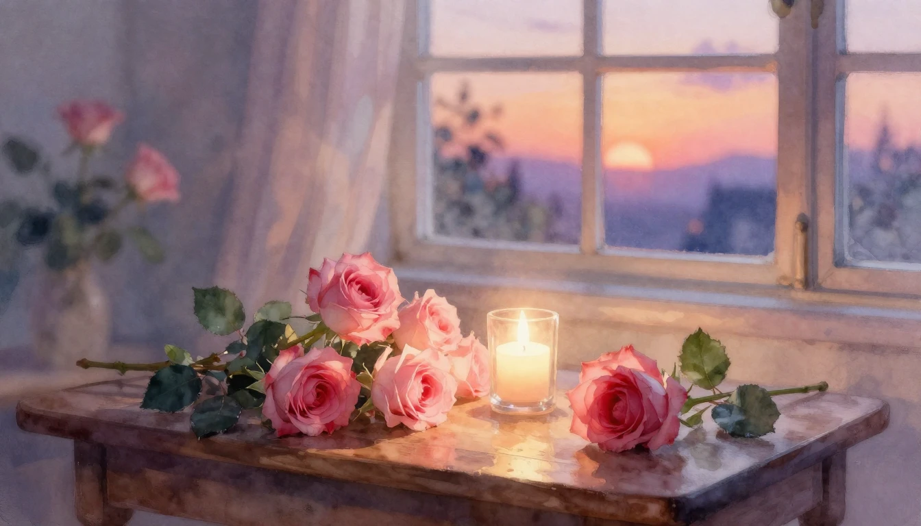 A beautiful watercolor painting of a soft, romantic scene. D...