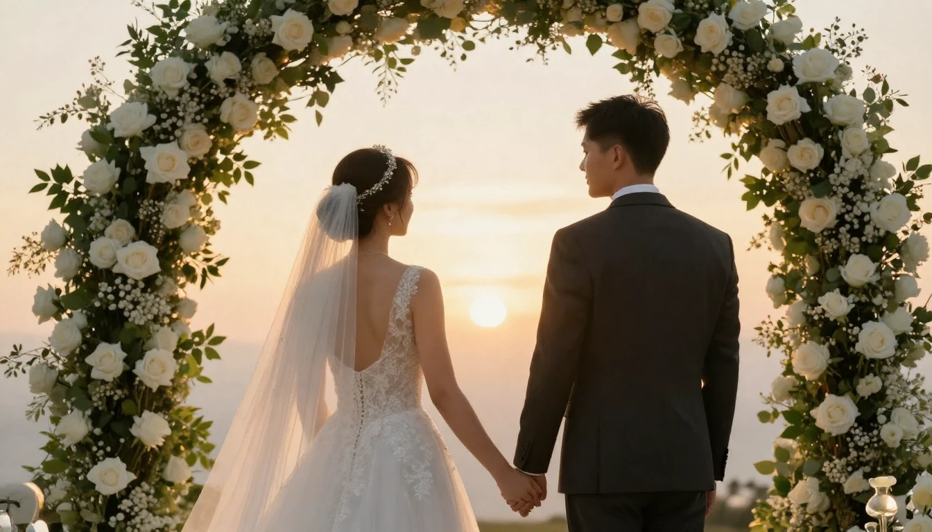 A romantic and elegant wedding scene featuring a bride and g...