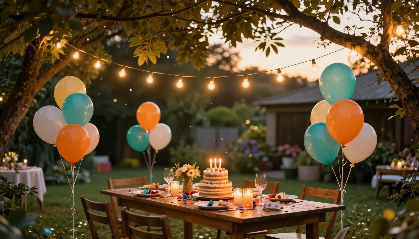 A vibrant and cozy outdoor garden party scene at sunset. Str...