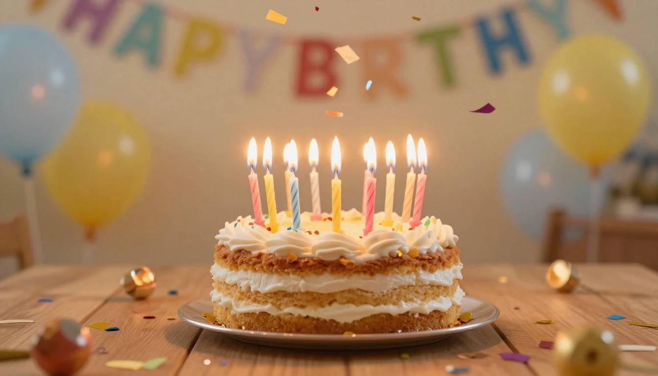 A bright and festive birthday celebration scene, a delicious...