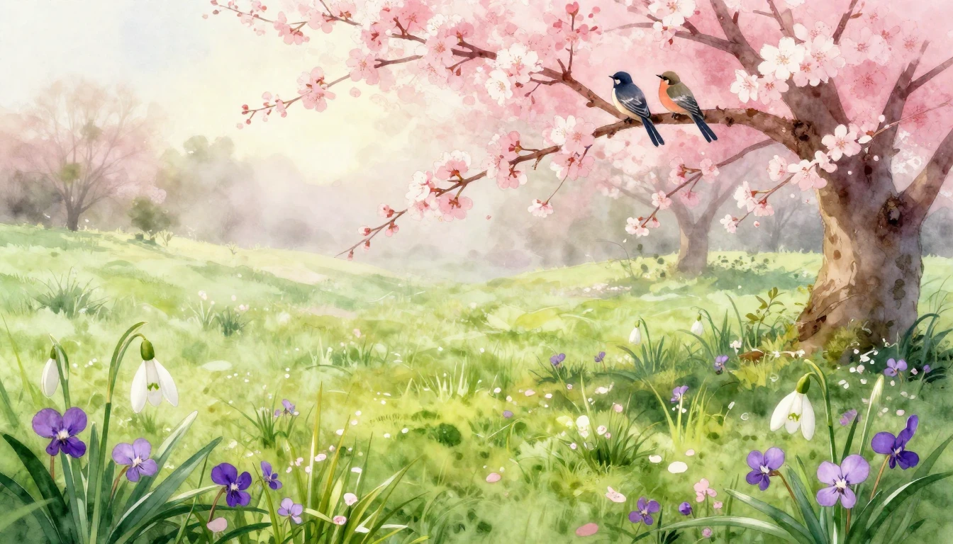 A breathtaking watercolor painting of a lush, blooming meado...