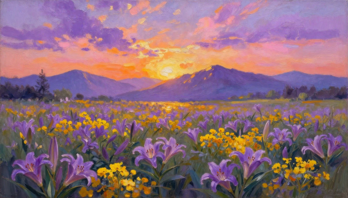 A grand oil painting depicting a sunrise over a vast, bloomi...