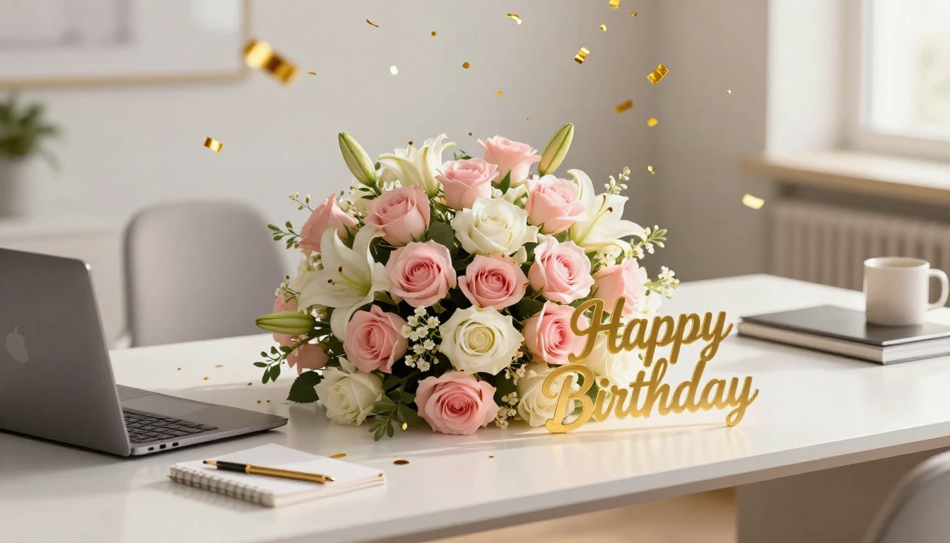 A modern and elegant office desk prepared for a birthday cel...