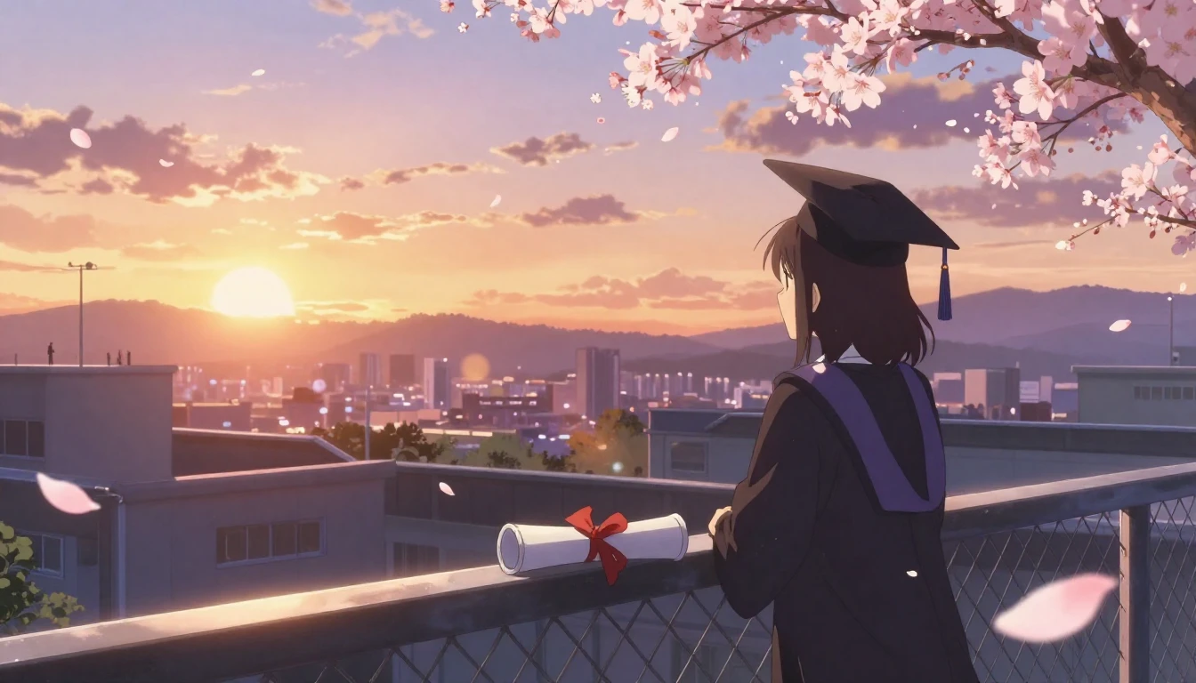 Anime style illustration, emotional graduation theme. A view...