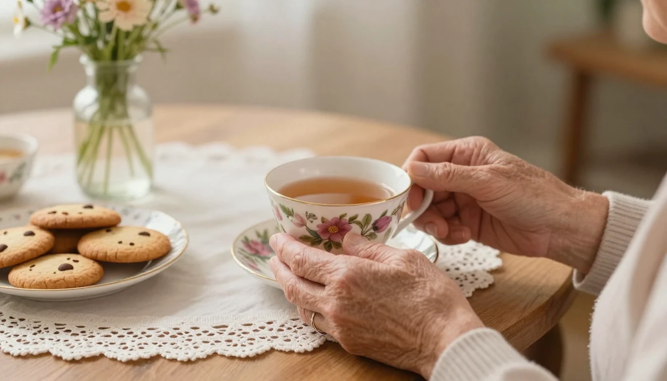 A warm, nostalgic close-up scene of an elderly woman's gentl...