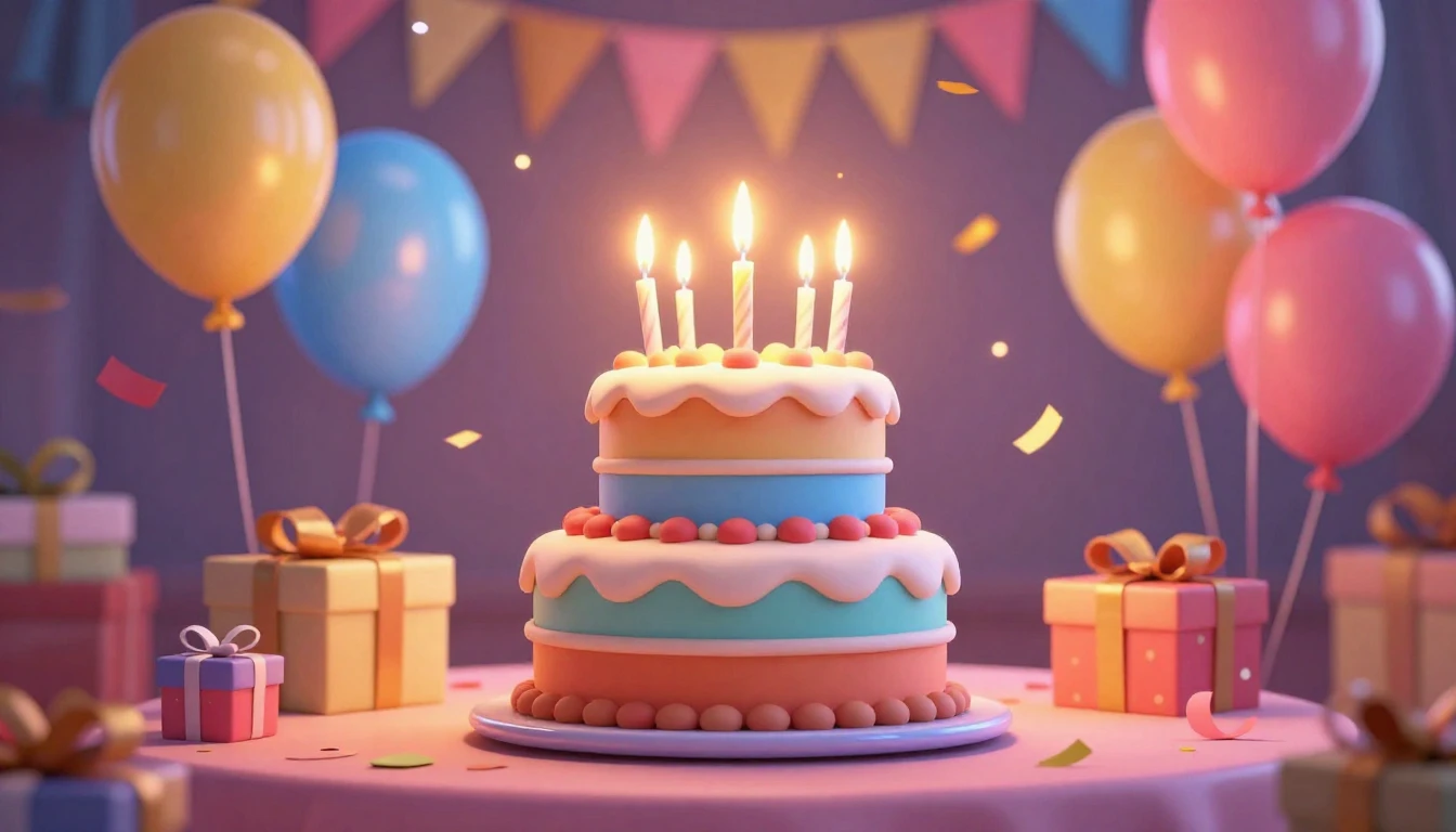 A vibrant and joyful 3D animated birthday celebration scene....