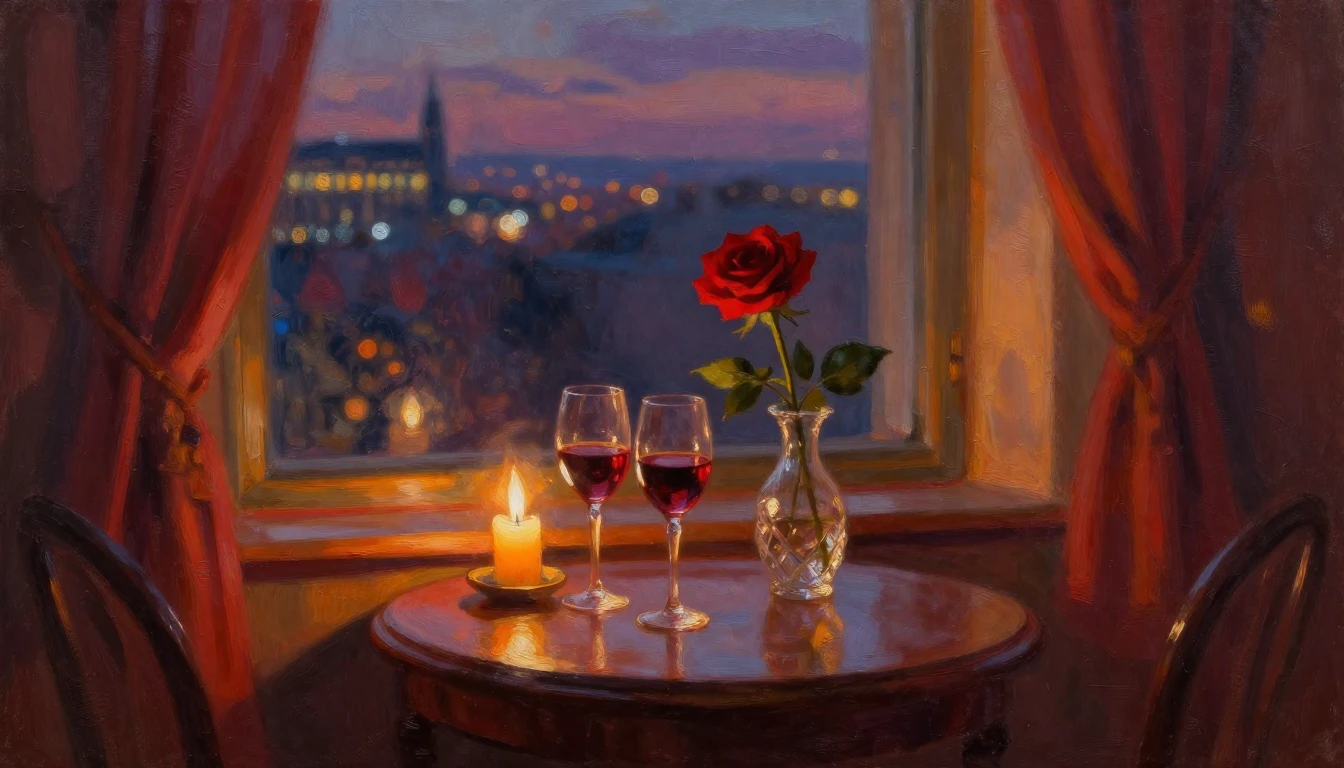 An impressionist oil painting of a cozy, dimly lit room over...