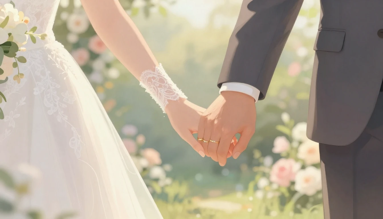 A soft and romantic close-up illustration of a bride and gro...
