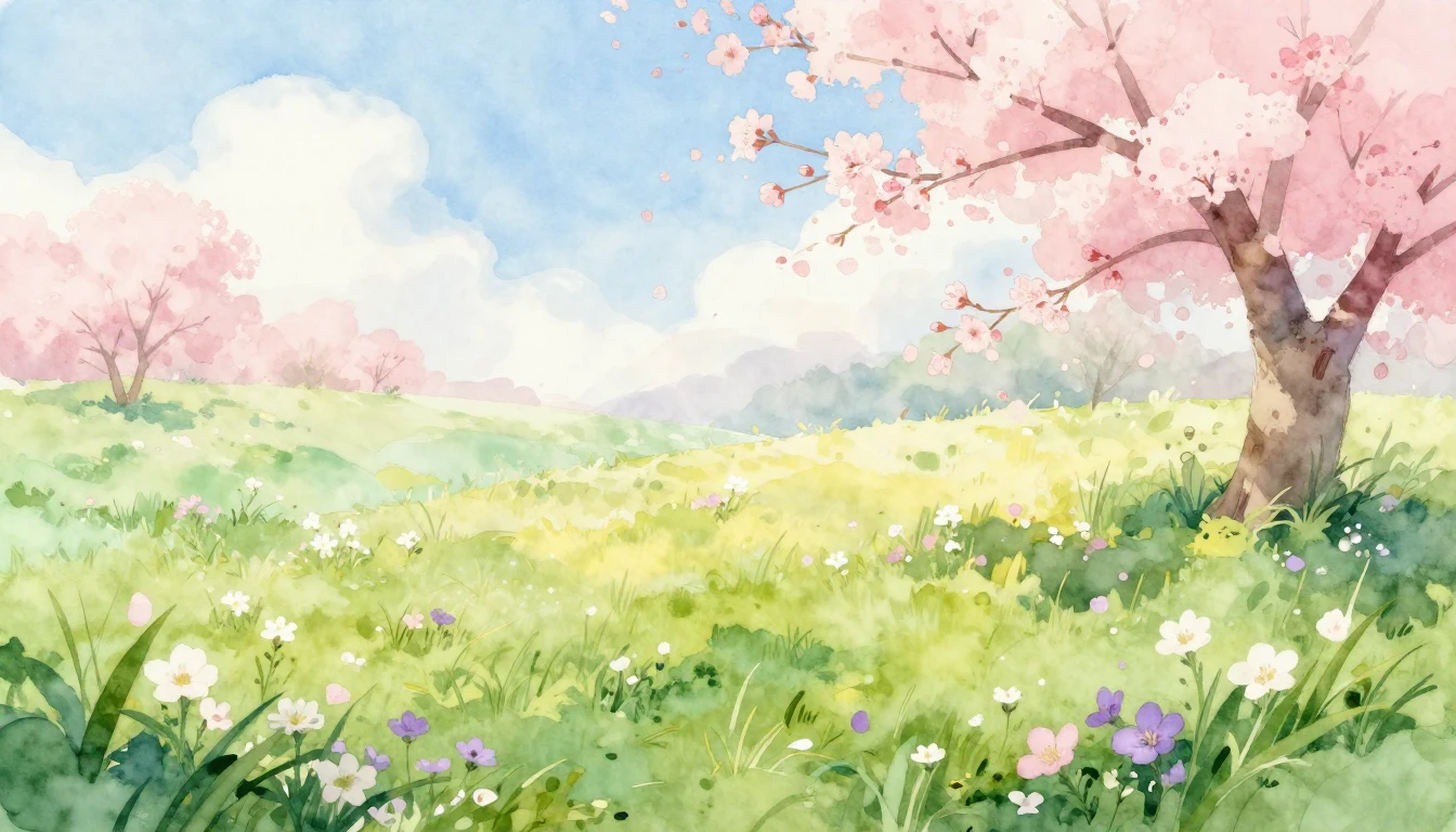 A beautiful watercolor painting of a lush meadow during earl...