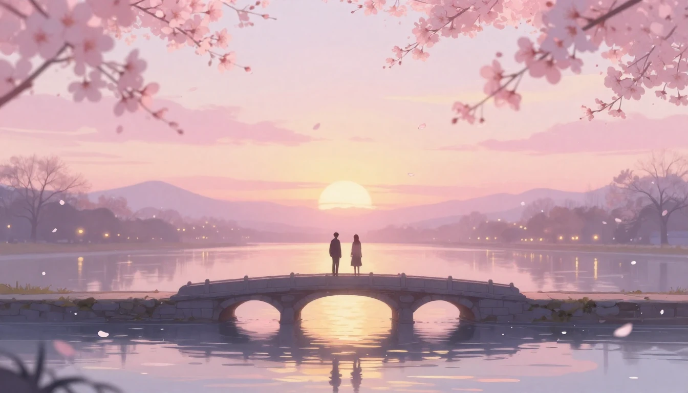 A dreamlike illustration of two silhouettes standing on a sm...