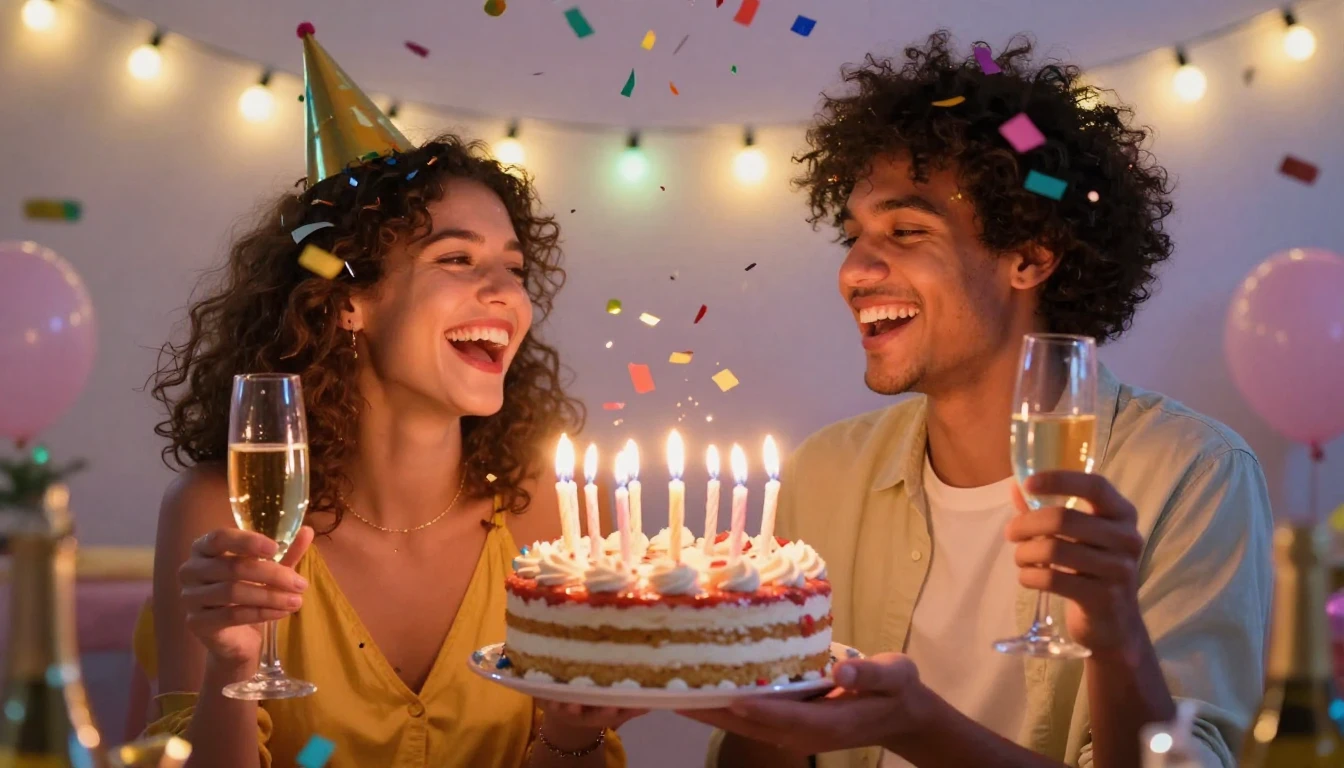 A joyful scene of two best friends celebrating a birthday, h...