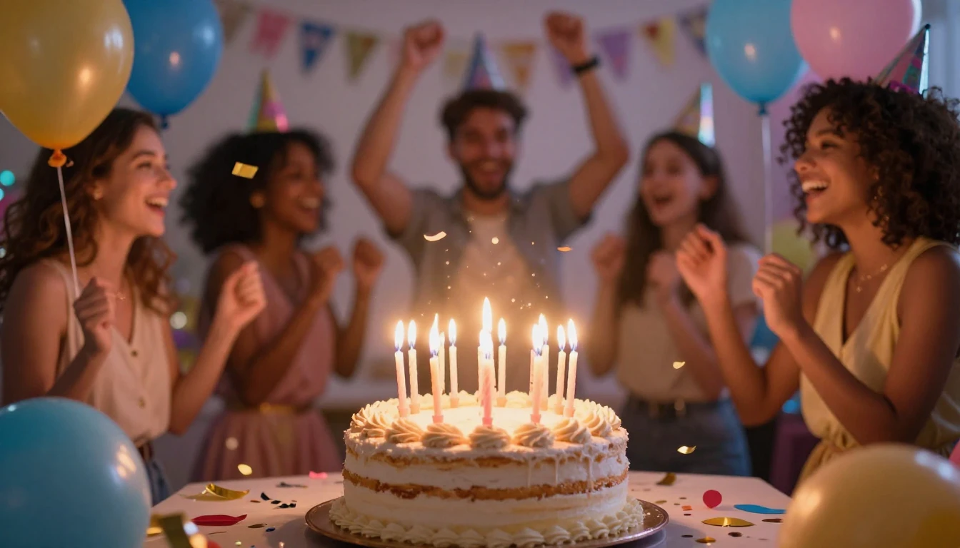 A vibrant and colorful birthday party scene, focusing on a d...