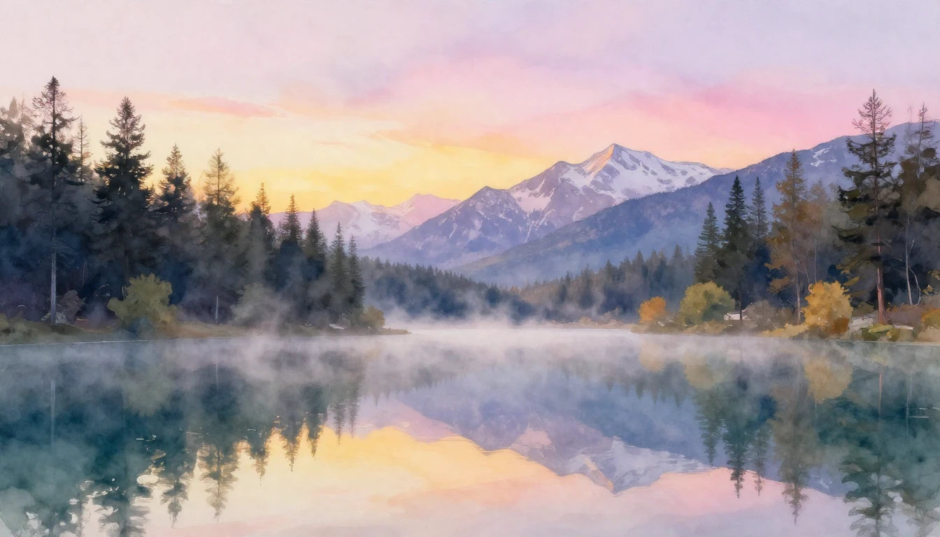 A breathtaking watercolor painting of a tranquil mountain la...