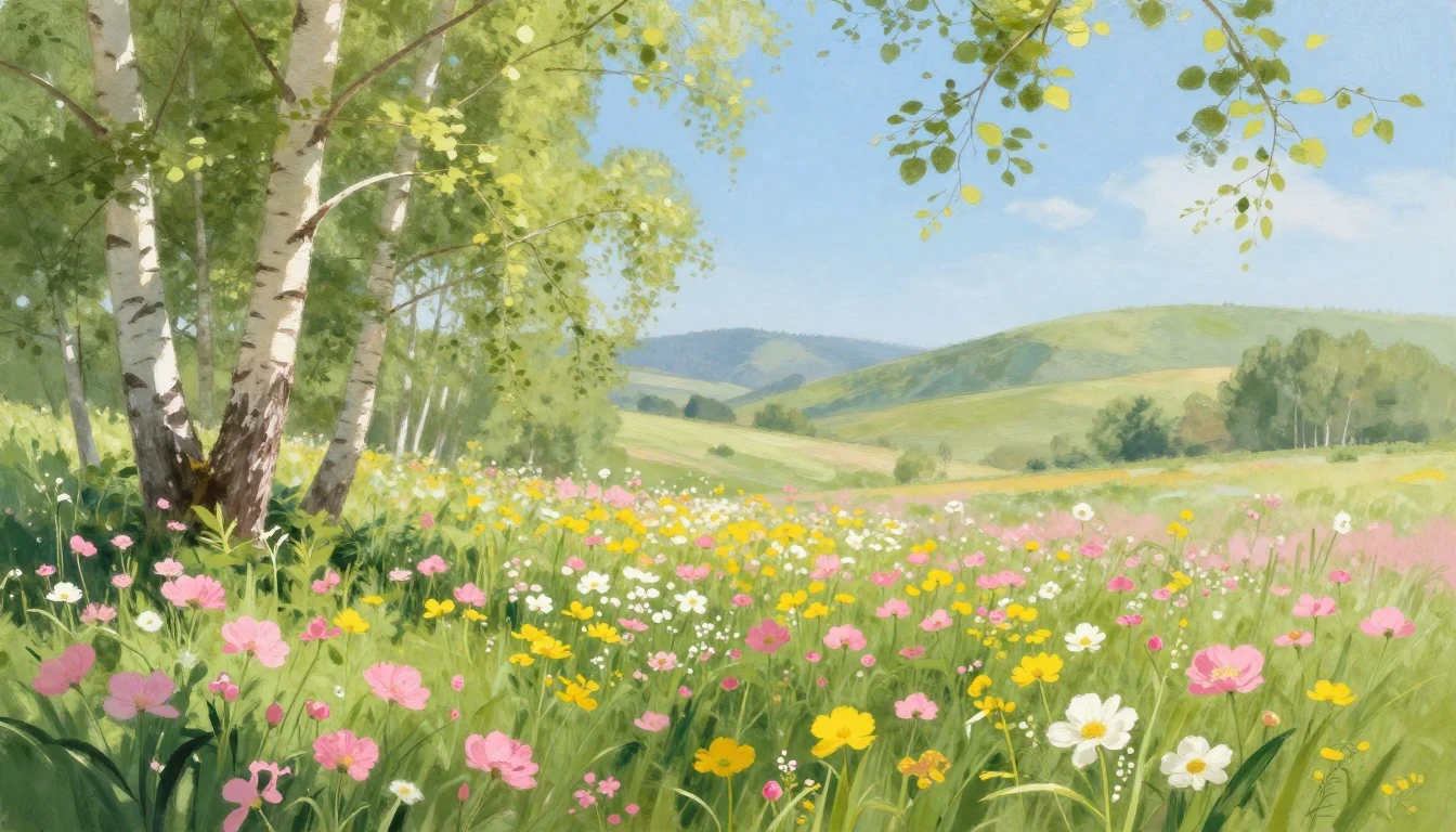 A lush spring landscape filled with blooming wildflowers in ...