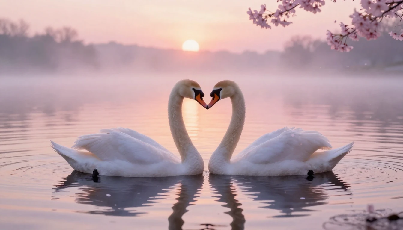 A soft and ethereal scene depicting two delicate swans formi...
