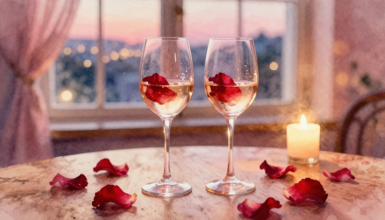 A delicate watercolor painting of two elegant wine glasses s...