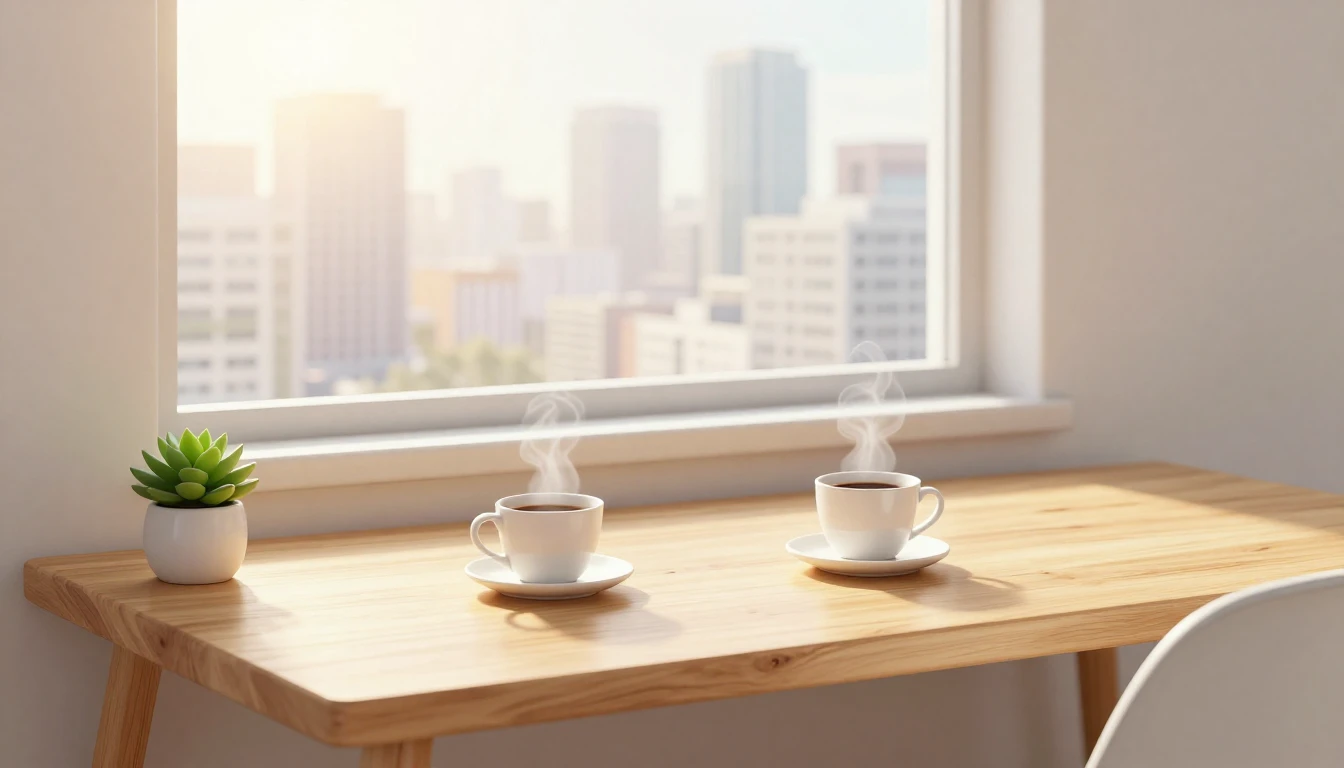 A clean, minimalist workspace bathed in the soft, golden lig...