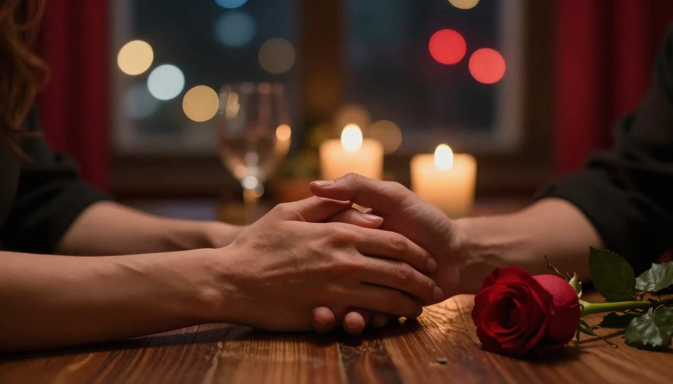 A cinematic, ultra-romantic close-up shot of two hands holdi...