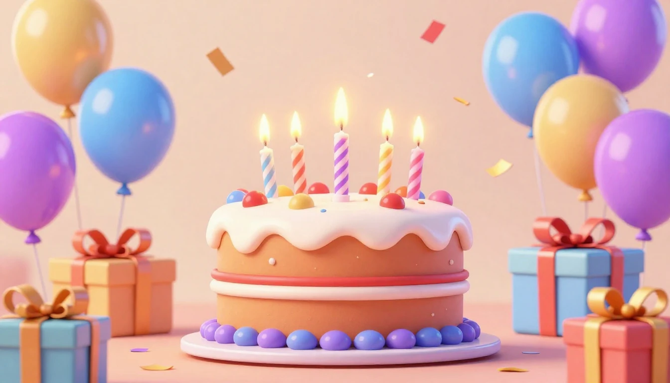 A vibrant and cheerful birthday party scene in a cute 3D ani...