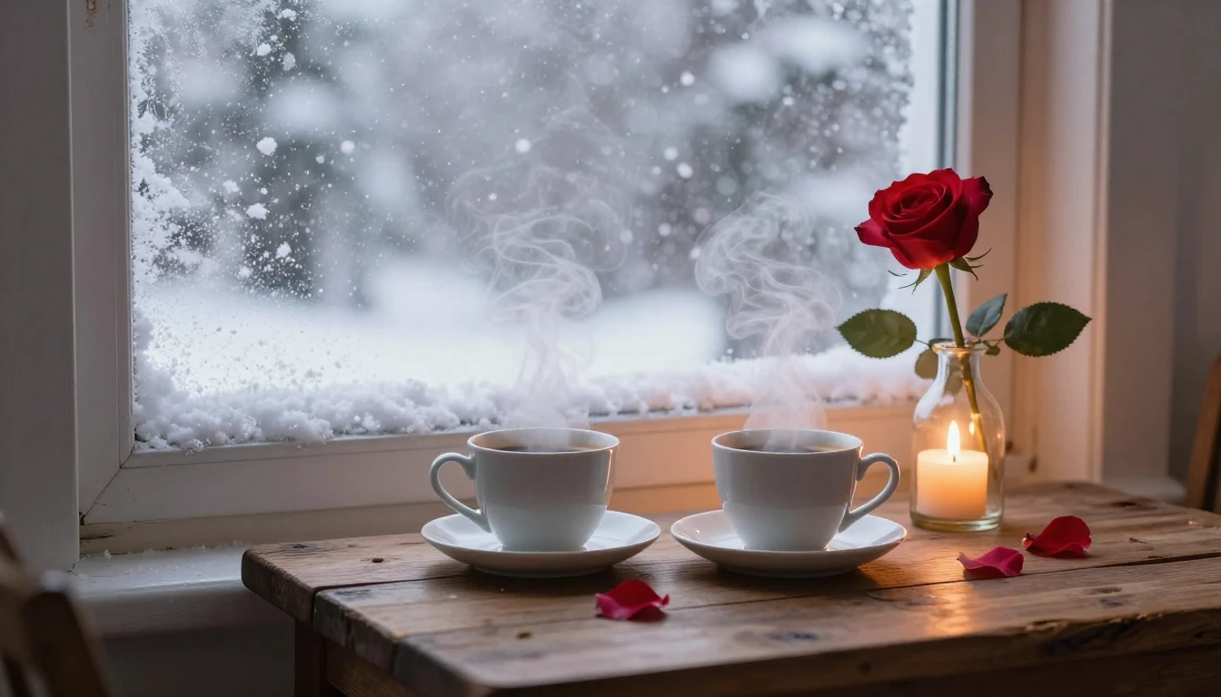 A romantic and cozy scene next to a frosted window with a vi...