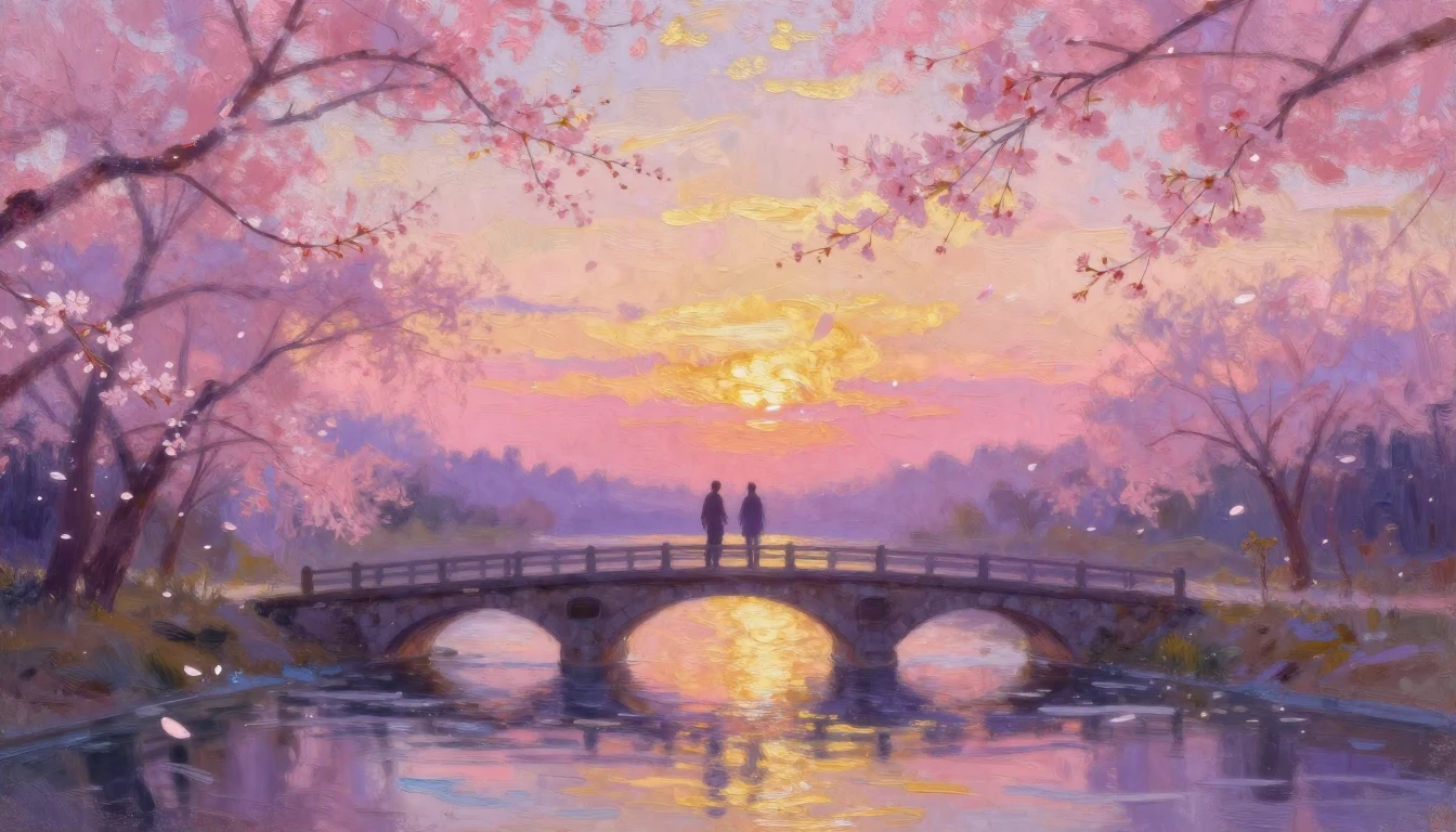 An impressionist painting of a dreamy and romantic scene. Tw...