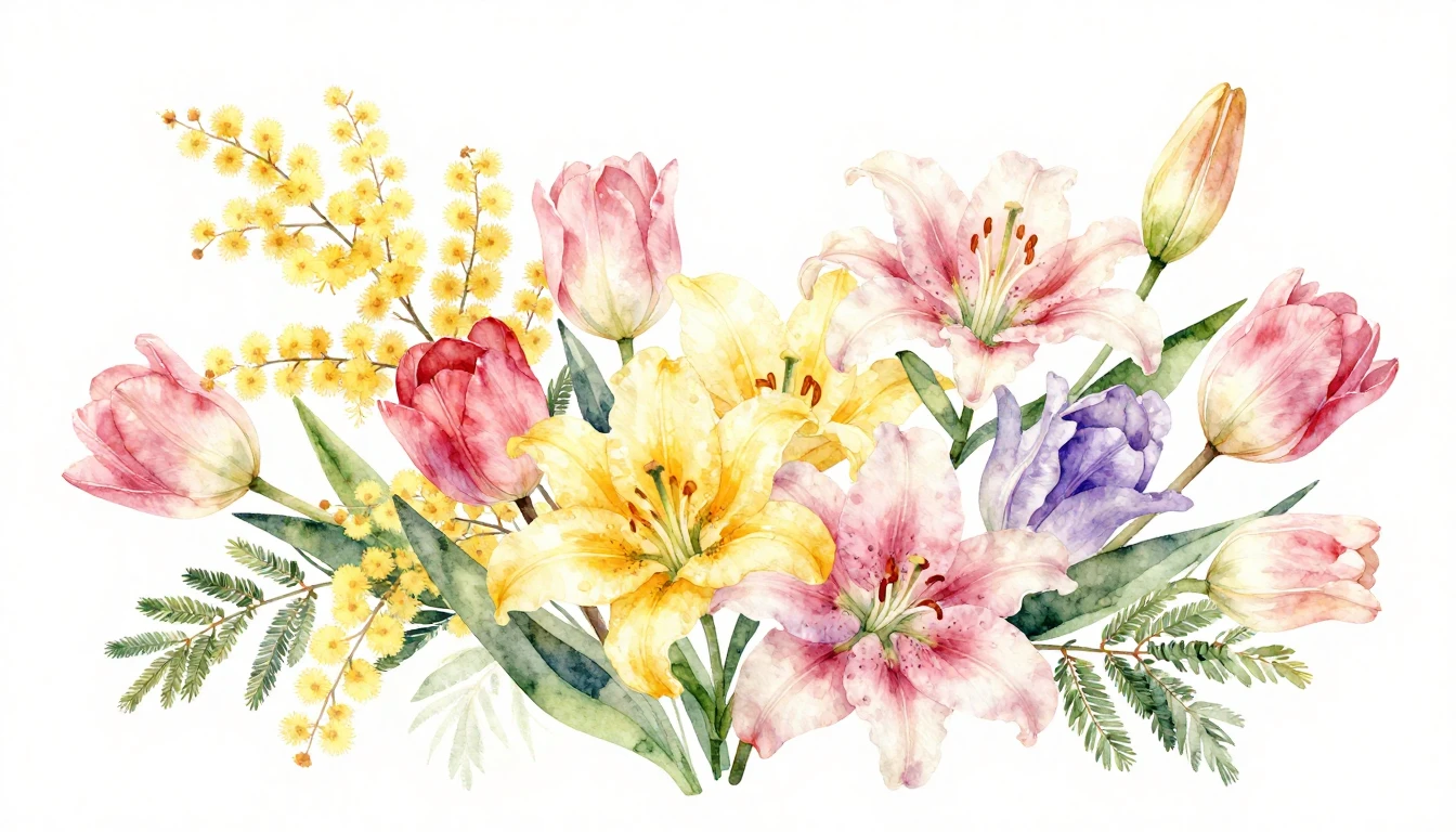 A beautiful watercolor painting of a diverse bouquet of spri...