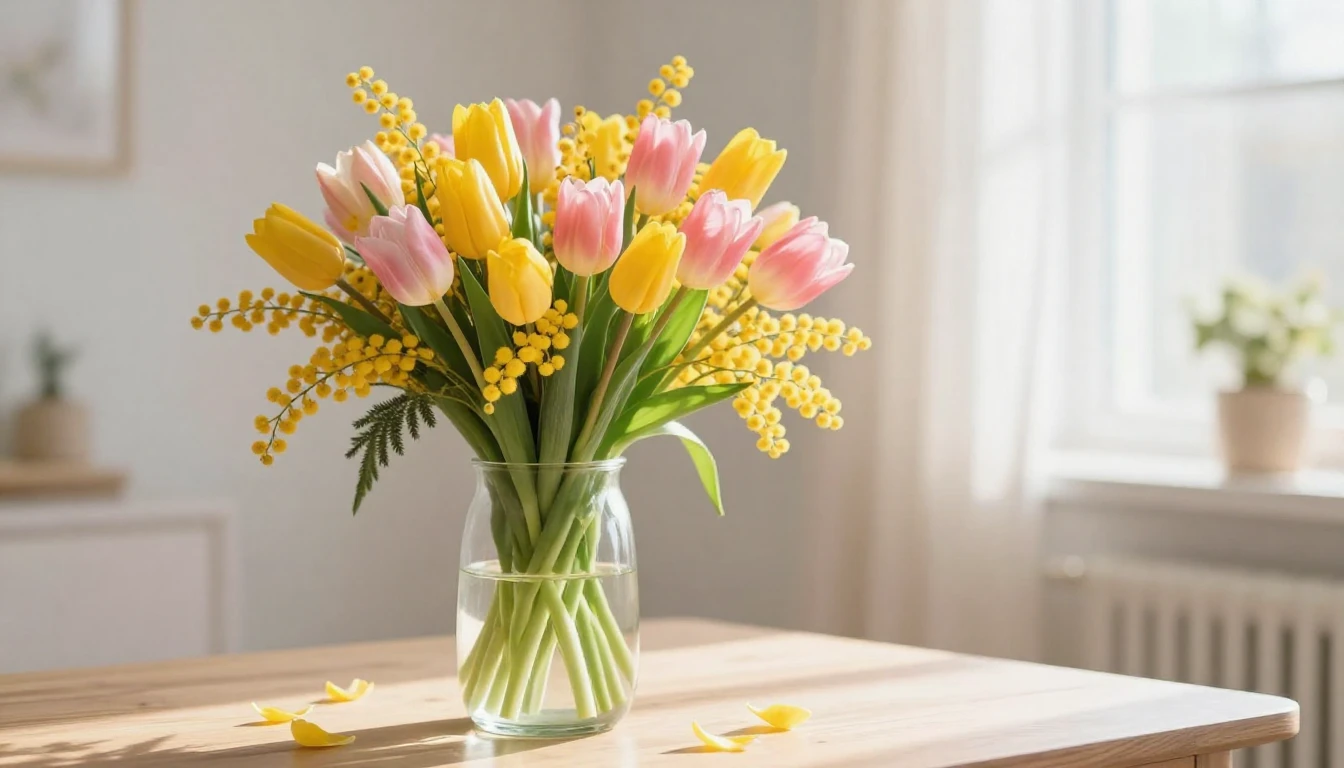 A beautiful spring bouquet of tulips and mimosa flowers in a...
