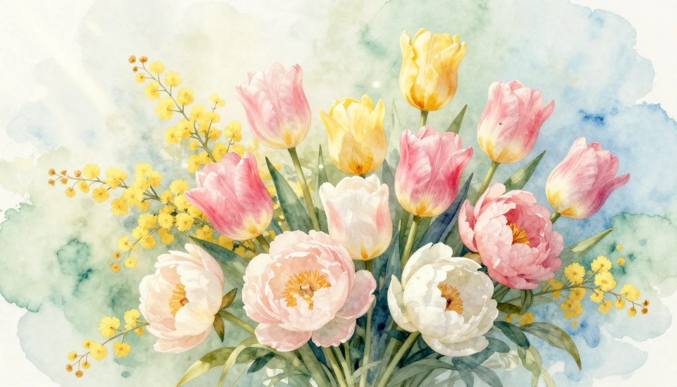 A beautiful watercolor painting of a lush spring bouquet fea...