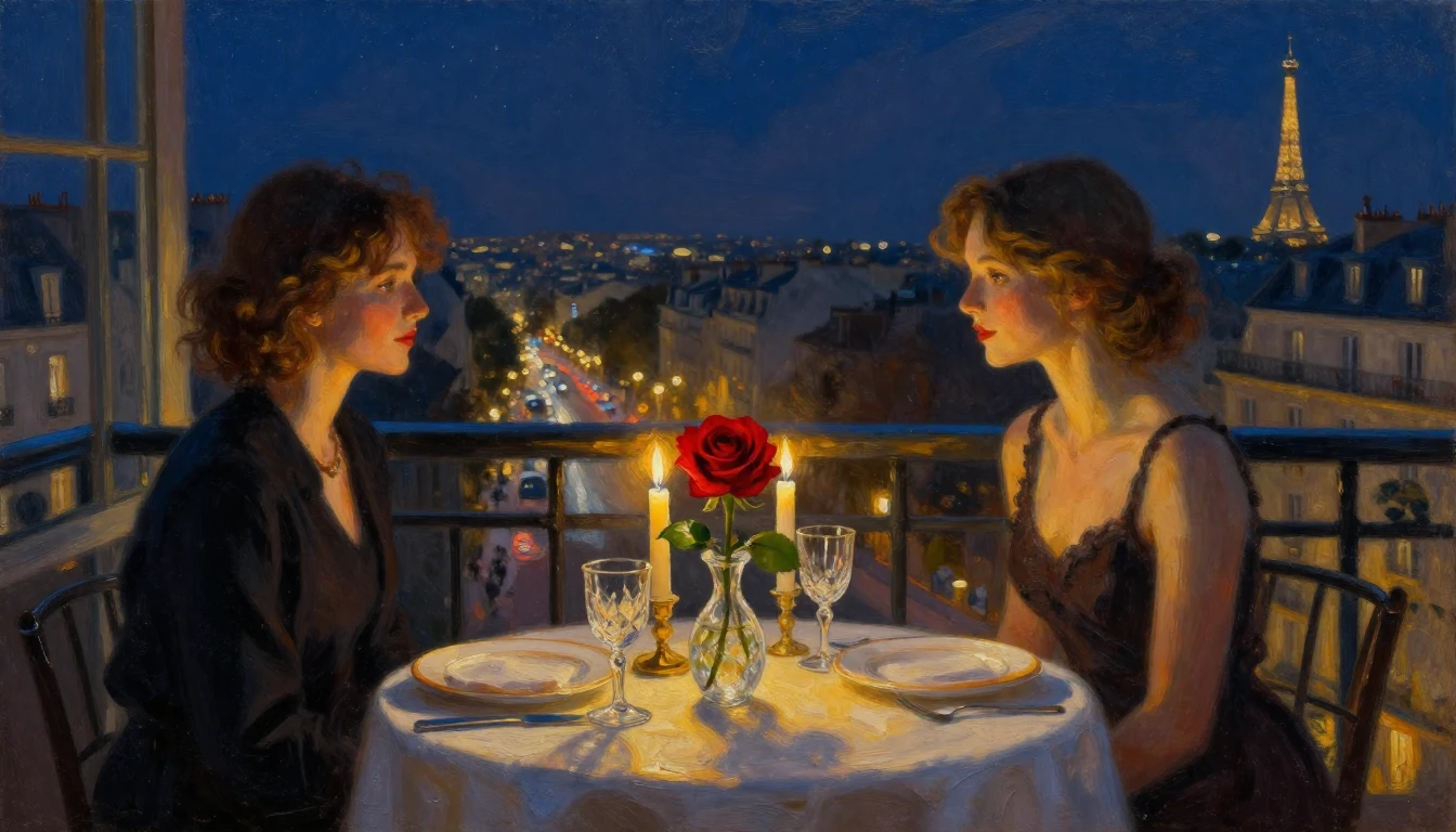 An exquisite oil painting of a candlelit dinner table set fo...