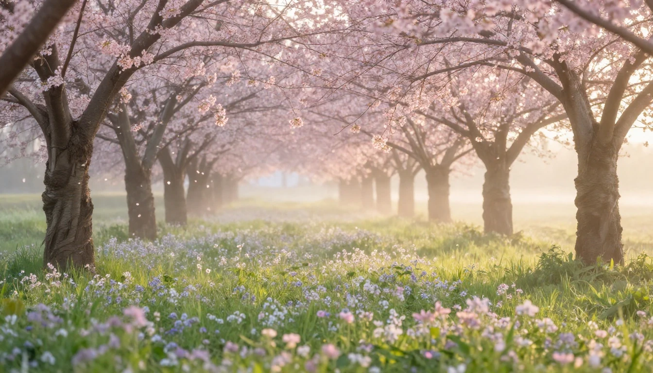 A serene spring landscape at dawn featuring a field of delic...