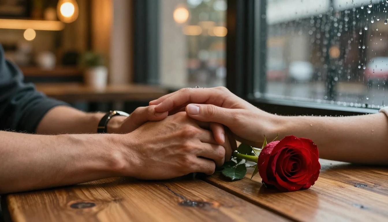A cinematic close-up shot of two hands holding each other ge...